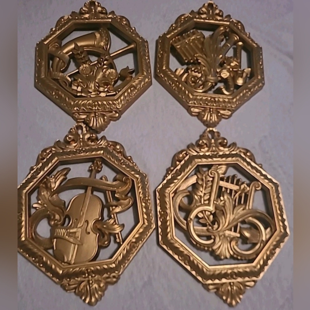 HOMCO Set Of  4 Gold Decor Musical Instrument Plaques Vintage Made In The USA